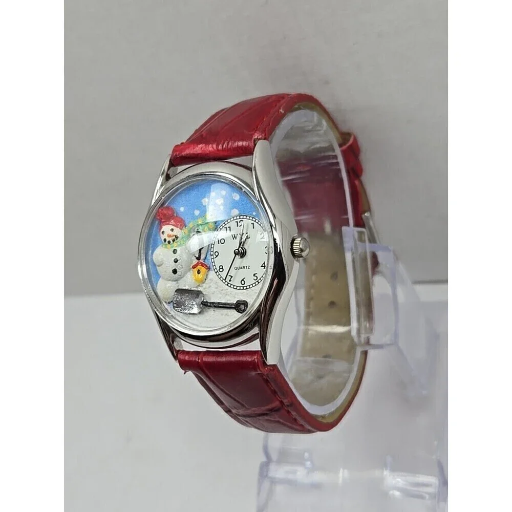 WYL Snowman Christmas Quartz Watch Red Leather Strap Novelty New Battery USA 3D